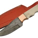 Rite Edge Damascus Steel Blade Hunting Knife Bone Copper Handle Full Tang + Leather Sheath