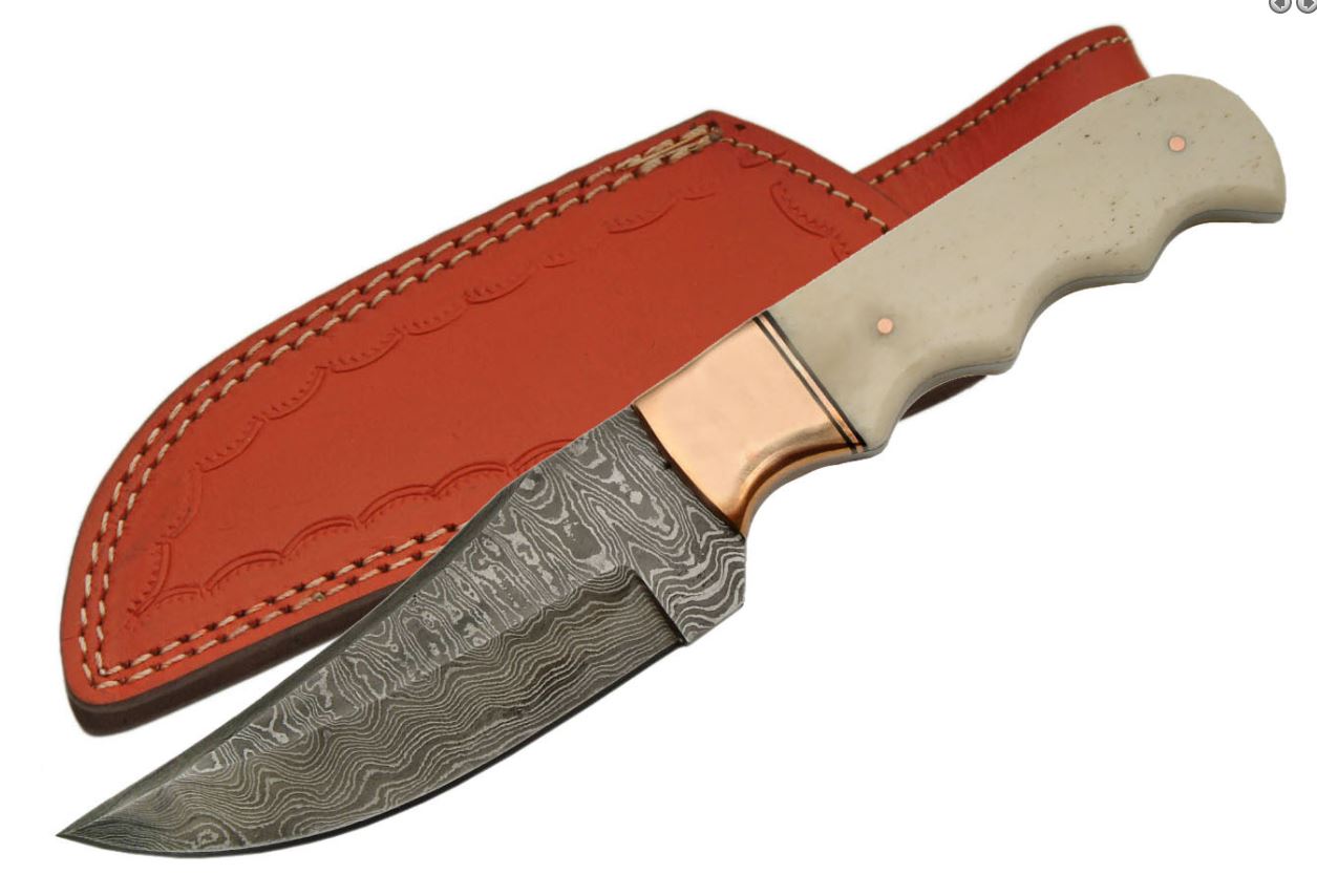Rite Edge Damascus Steel Blade Hunting Knife Bone Copper Handle Full Tang + Leather Sheath