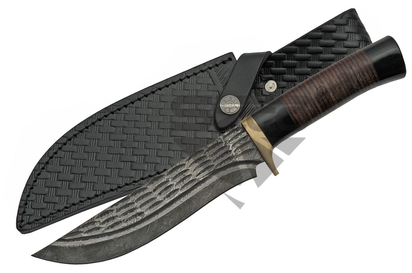 Rite Edge Bowie Knife / 12" Overall Damascus Steel Blade Horn/Leather Handle + Sheath