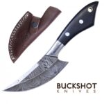 Buckshot Damascus Steel Hunting Knife 7.5″ Overall Horn Handle Full Tang Skinner + Sheath