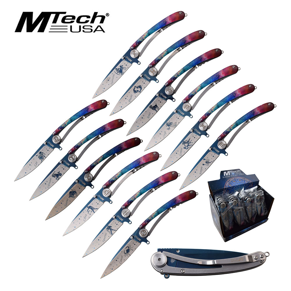 Mtech Folding Knife Set / 8.25" Overall Mtech Zodiac Sign 12 Piece Astrology + Display
