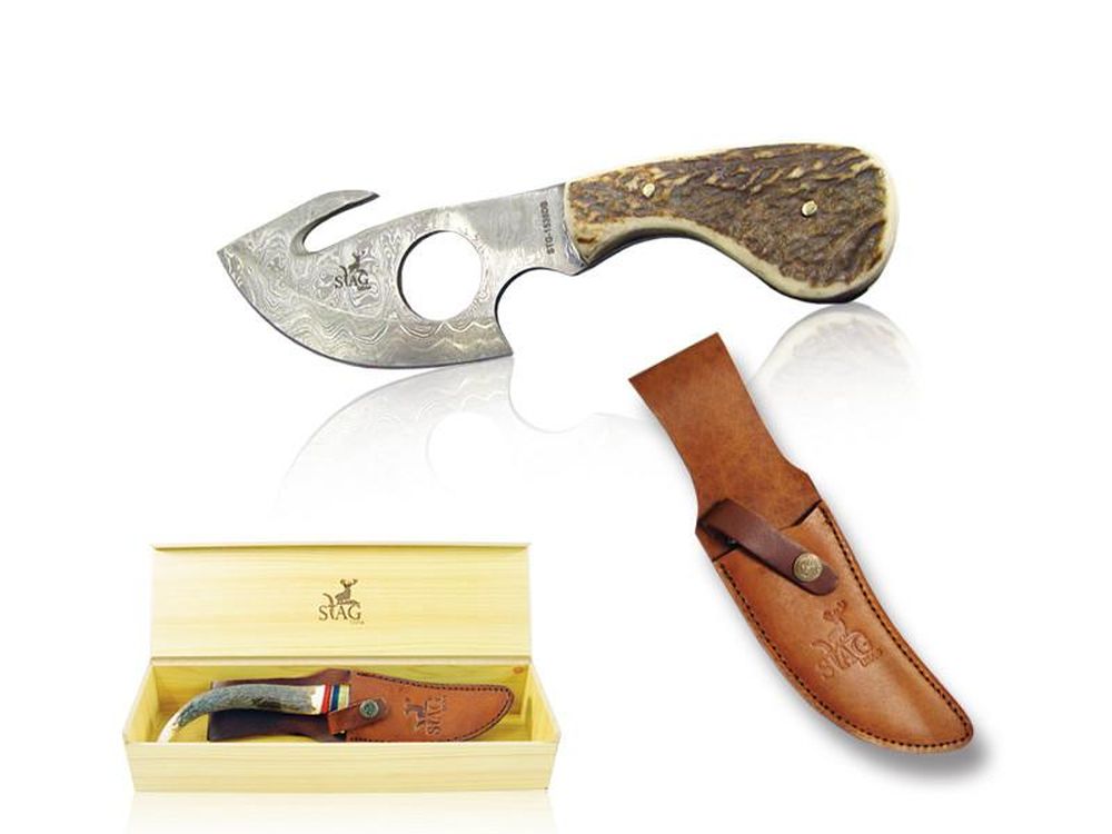 Stag Hunting Knife 3.5" Gut Hook Damascus Steel Blade Full Tang Stag Handle + Sheath