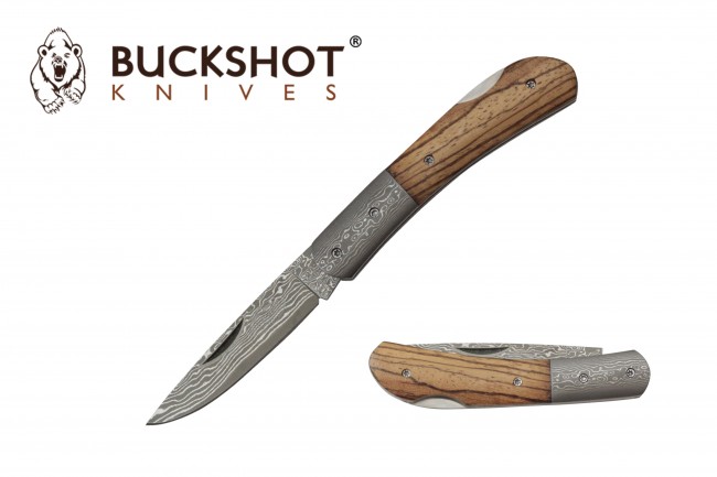 Buckshot Damascus Steel Blade Folding Knife / Buckshot 3" Blade Classic Wood Lockback